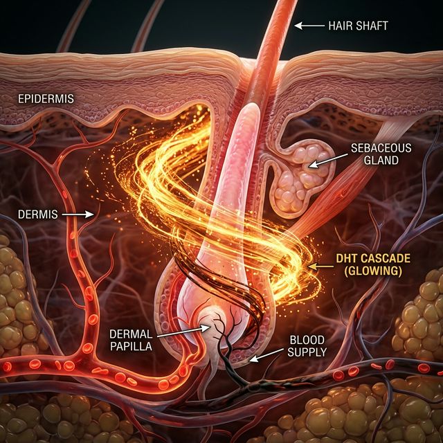 Scientific rendering of DHT constricting a hair follicle