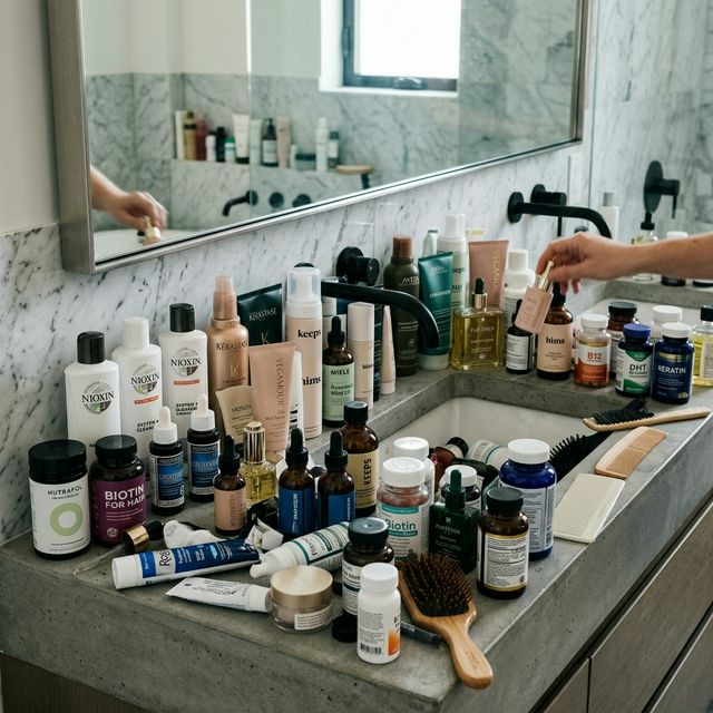 A bathroom vanity cluttered with failed hair loss products